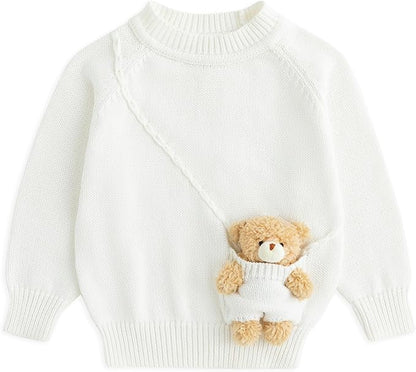 Simplee kids Baby Girl Knit Sweater with Bear in The Pocket Toddler Pullover Sweater Cute Fall Winter Clothes