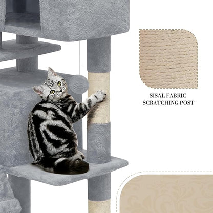 Athena Collection Cat Tree, 62 Inch Cat Tree Tower for Indoor Cats, Multi-Level Cat Tower House Activity Center with 2 Cat Condo & Scratching Post & Dangling Ball, Tall Cat Climbing Tower, LightGray