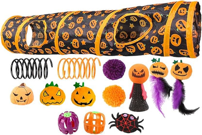 Interactive Cat Play Tunnels - Halloween Peekaboo Cat Cave with Toys, Cats Engaging Activity Center | Interactive Toy & Activity Center for Indoor Cats, Kittens, Small Animals, Playing & Stimulation
