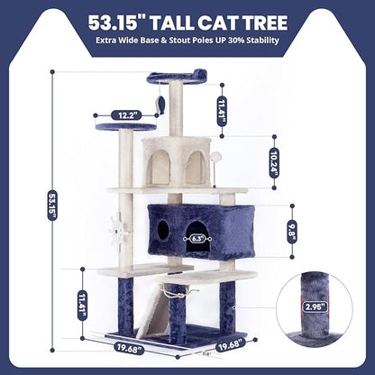 HYABi 53 Inch Ocean Theme Cat Tree Tower, Multi-Level Cat Furniture with Cozy Condo, Scratch Posts, Toy Ball, Luxury Apartment Playhouse for Indoor Cats