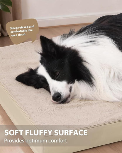 KSIIA Orthopedic Dog Bed Crate Waterproof Pet Mats for Large Dogs Deluxe Plush Washable Pet Bed with Egg Crate Foam & Removable Cover, 35 x 22 Inch, Khaki