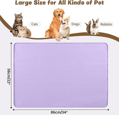 Cat Food Mat, 34" x 22" Large Silicone Pet Feeding Mat for Food and Water Bowls Non-Slip, Easy to Clean (Purple)