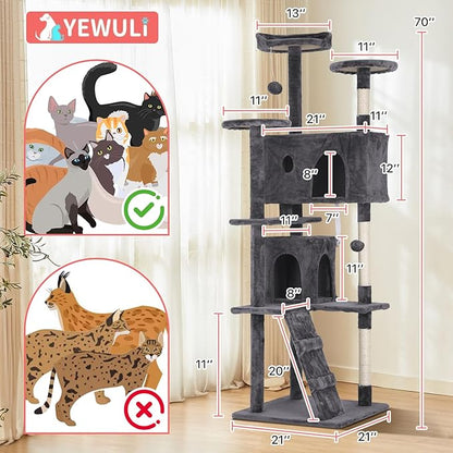 70in Cat Tree Cat Climbing Tower with Scratching Post, Cats House Perch Kitten Tree Condo Wood Playhouse, Pet Trees Tower for Indoor Cats, ASHY