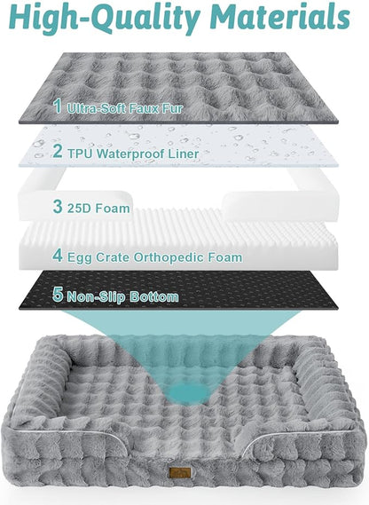 Orthopedic Dog Bed for Large Size Dog, Soft and Warm Faux Fur Extra Large Sofa for Pet Up to 100 lbs, Foam Bolster Anti-Slip Couch with Washable Removable Cover, XL 44x32x7 inch, Grey
