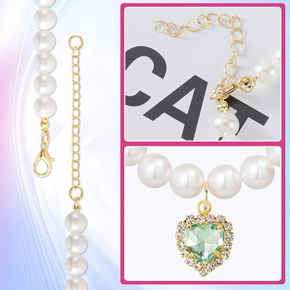2pcs Cat Dog Pearl Collar, Small Heart Shape Rhinestone Pet Necklace, Adjustable Wedding Party Pet Jewelry Accessories for Puppy Small Cats- Blue & Green