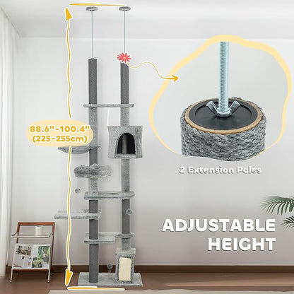 PawHut Floor to Ceiling Cat Tree, 89"-100" Adjustable Height Cat Climbing Tower Activity Center for Indoor Cats with Cat Perch, Condo, Hammocks, Scratching Posts & Ramp, Gray
