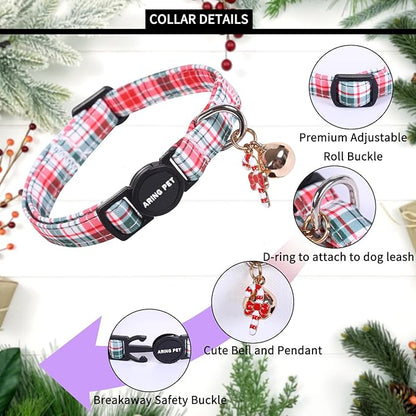 ARING PET 2 Pack Cat Collar, Christmas Breakaway Kitten Small Collars with Bells for Girl Boy Cats-Red Green Pink Plaid & Santa Claus