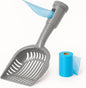 2-in-1 Pooper Scooper with Bag Attachment, Cat Litter Shovel Scoop with Bag, Built-in Dispenser, Includes Trash Roll, Rinse-Clean, Anti-Stick, Smart Sifter, Long Handle (Dark Gray)