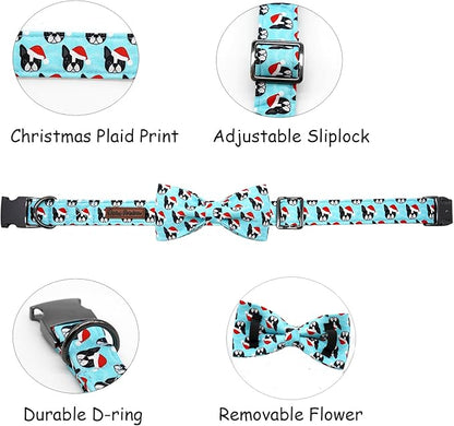 Dog Collar, Christmas Dog Collar Plaid Pet Collar Bow Holiday Bows Girl Boy Puppy Collar Adjustable Pet Collar for Large Dogs