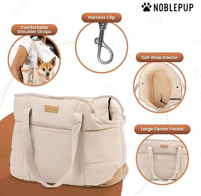 Plush Dog Purse Carrier for Small Dogs, Soft Dog Tote Bag with Safety Harness Clip, Cozy Pet Carrier for Dogs Under 15 lbs, Comfortable Dog Shoulder Carrier for Travel, White