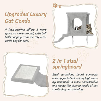 7-in-1 Cat Wall Shelves, Wall Mounted Cat Climber Set, Cat Furniture with House, Tunnel, Bridge, Steps, Scratcher, Hammock, Shelves for Indoor, Gray