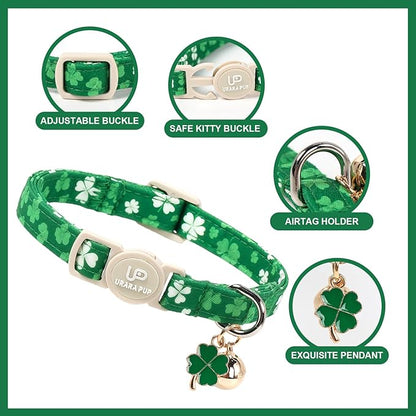 Cat Collar,2Pack St.Patrick's Day Cat Collars Cute Breakaway Kitty Collars,Spring Green Shamrock Cat Collar with Bell, Lucky Clover Kitten Collars with Safety Buckle for Girl & Boy Cats