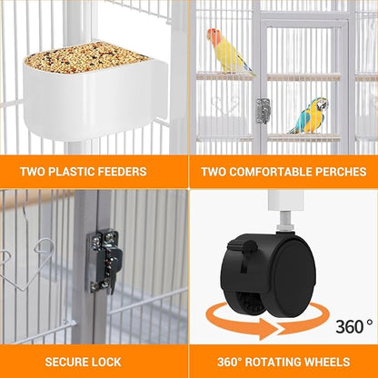 52'' Wrought Iron Birdcage with Detachable Rolling Stand & Feeder, Large Bird Cage with Secure Lock & Slide-Out Tray, Indoor Outdoor Bird Cage on Wheels,Parrot Cages for Parakeets, Pigeons, White