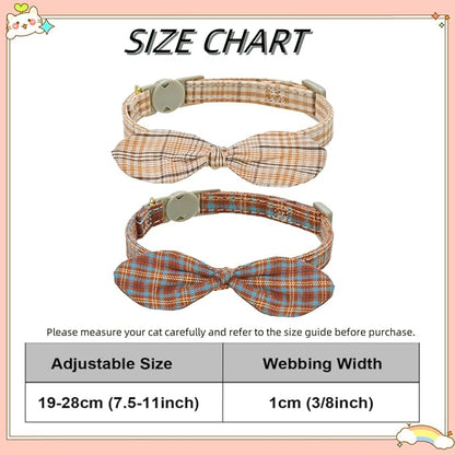 Cotton Bowtie Cat Collar with Bell 2 Pack Plaid Breakaway Kitten Collars with Removeable Bunny Ear Bow(Amber+Beige)