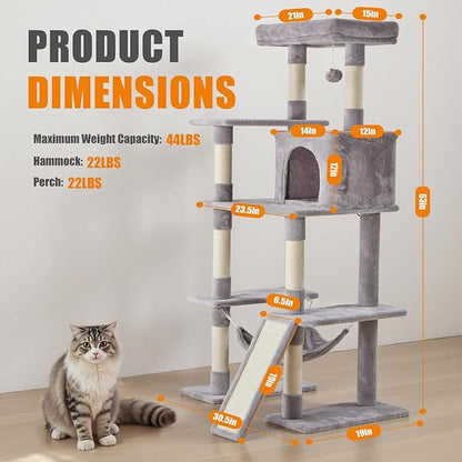 Sweetcrispy 63 inch Cat Tree Tower, Large Multi Level Cat Climbing Tower with Condo, Natural Sisal Scratching Posts, Extended Platform, Hammock, Pet House for Indoor Cats and Kittens Play, Grey
