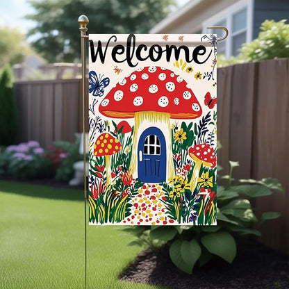 Mushroom House Garden Flag 12x18 Inch Welcome Yard Banner Whimsical Fairy Tale Style Double Sided Outdoor Decoration for Porch Lawn Patio Spring Summer Seasonal Garden Decor