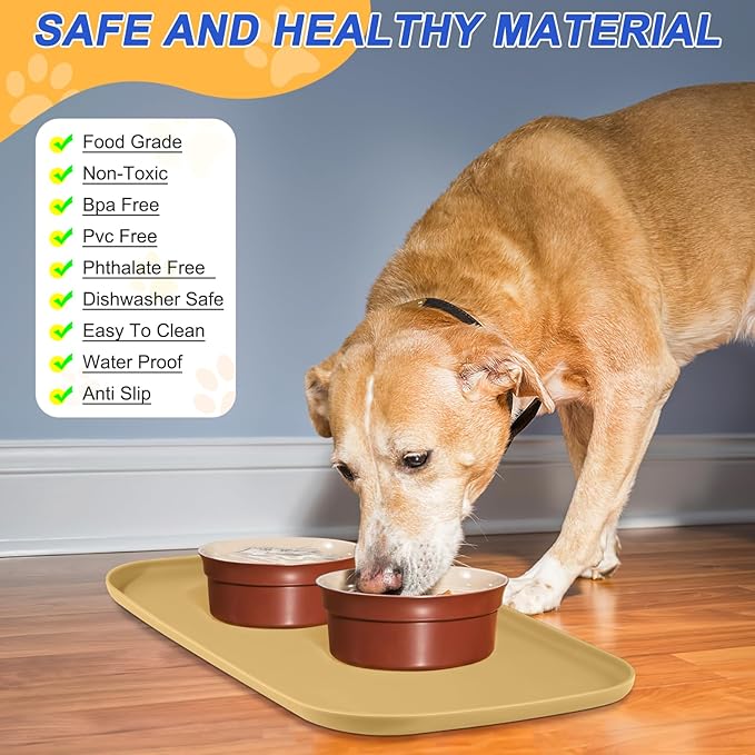 Silicone Pet Feeding Mat with Raised Edge for Food and Water, Dog Bowl Mats, Cat Bowls Placemat with High Lip for Floor Waterproof, Rubber Tray for Cats and Dogs 24 x 16 x0.8 Dark Beige