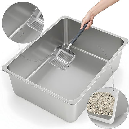 Kirecoo Stainless Steel Litter Box, Large Low Entry Metal Cat Pan Box, Indoor Litter Tray, Non Stick, No Smell, Easy to Clean, Pet Toilet Supplies for Cats