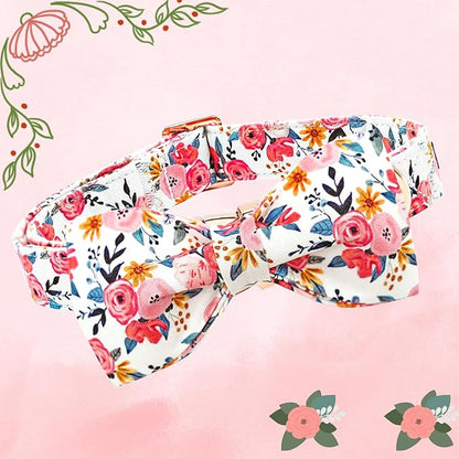 Lionheart glory Dog Collar Bow Collar Floral Dog Collar with Bow Tie Spring Summer Cute Collar Dog Boy or Girl Dog Collars Soft Durable Adjustable Dog Collars for Medium Dogs