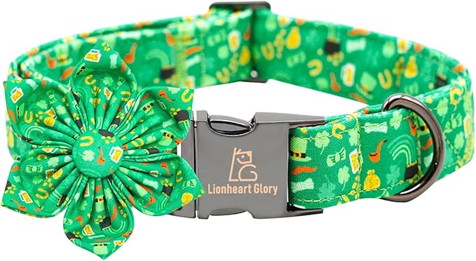 Lionheart glory St. Patrick's Day Dog Collar with Flower Dog Collars for Medium Dogs, Heavy Duty Green Collars Bows Lucky Clover Shamrock Pet Collar Flower Puppy