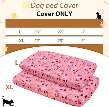 Replacement Dog Bed Covers Elastic Edged Washable Pet Bed Protector with Pink Dog Pattern Design for Medium & Large Pet Beds, Cover Only (Pink, 52.0" L x 28.0" W x 5.0" Th)