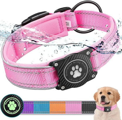 Airtag Dog Collar with Waterproof Air Tag Holder, Luminous Reflective, Soft Padded, Adjustable Nylon Pet Collar for Small Medium Large Heavy Duty Dogs,Pink, M