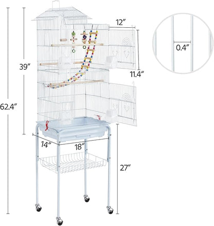Yaheetech 62.5-inch Roof Top Flight Bird Cage for Parakeets Cockatiels Conures Finches Lovebirds Canaries Budgies Small Parrots, Large Birdcage with Detachable Rolling Stand, White