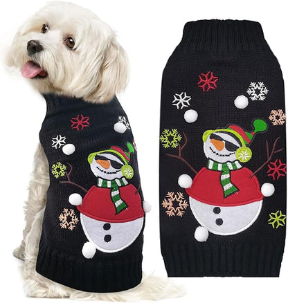 Christmas Dog Sweaters Xmas Pet Outfit Clothes Cute Black Snowman Costume Puppy Cat Knitted Jumpers (M,Black Snowman)