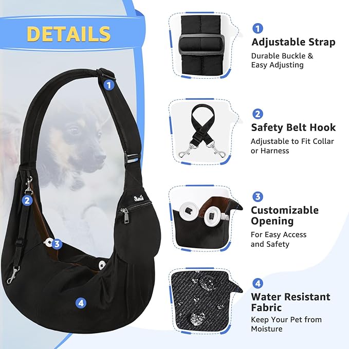 SlowTon Dog Carrier Sling - Thick Padded Shoulder Strap Adjustable Dog Carriers for Small Dogs, Puppy Carrier Purse for Pet Cat with Front Zipper Pocket Safety Belt Machine Washable Waterproof Black L