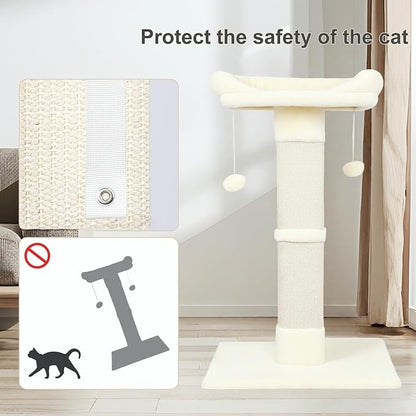 34" Cat Scratching Post for Indoor Cats, Sisal Cat Scratcher with Large Plush Perch, Vertical Posts with Elevated Bed and with Two Dangling Balls, Removable & Washable Cover, Beige White