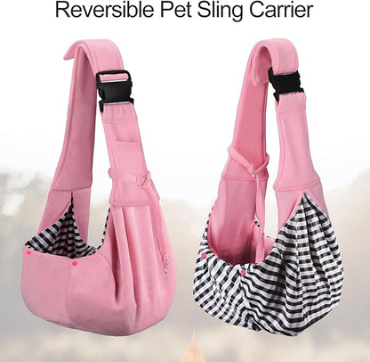 PETLOFT Reversible Dog Cat Sling Carrier, Small Dog Carrier, Adjustable Dog Sling, Hands Free Cross Body Carrier with Collar Hook for Dog/Cat/Bunny up to 11lb (Light Pink)