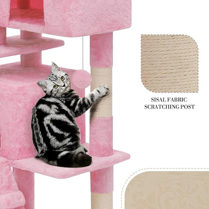 Athena Collection Cat Tree - 62" Multi-Level Cat Climbing Tower with 2 Cat Condo & Scratching Post