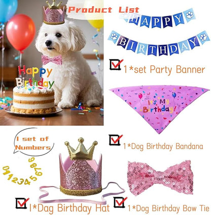 Happy Birthday Dog Party Supplies Kit - Dog Party Hat, Bandana, Bowtie & Happy Birthday Banner Decorations for Small Dogs, Puppy Birthday Outfit Accessories & Pet Birthday Party Decor (Pink 2)