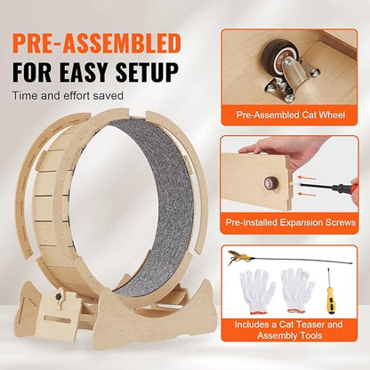 VEVOR Cat Exercise Wheel, Large Cat Treadmill Wheel for Indoor Cats, 35.8 inch Cat Running Wheel with Detachable Carpet and Cat Teaser for Running/Walking/Training, Suitable for Most Cats