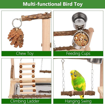 Wontee Bird Playground Wooden Bird Perch Stand Ladder Swing with Removable Tray & Feeding Cups for Budgies Parakeets Caique Senegal Cockatiels Conures