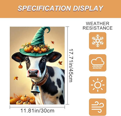 Happy Fall Garden Flag Halloween Flag Cute Cow Calf 12x18 Inch Witch Hat Pumpkins Autumn Leaves Festive Double Sided Outdoor Banner For Front Yard Porch Lawn Patio Seasonal Home Decor