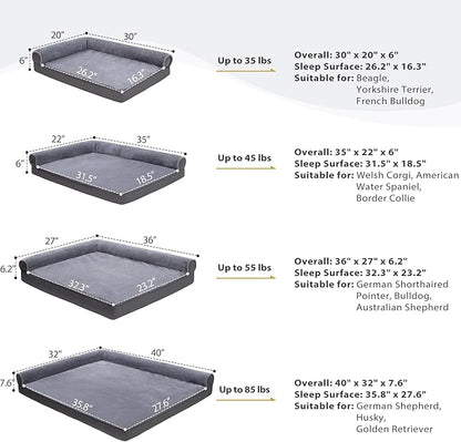 KSIIA Orthopedic Dog Bed - Waterproof for Large Dogs, Flannel Bolster Couch With Egg Crate Foam, Removable Washable Cover & Nonskid Bottom, 36 x 27 Inch, Gray