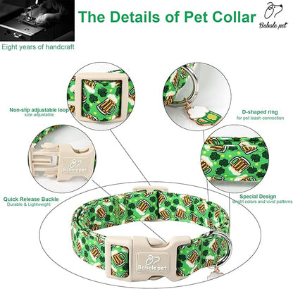 St Patricks Day Dog Collar for Small Dogs - Green Beer Shamrock Dog Collars for Boys&Girls Dogs, Adjustable Irish Clover Puppy Collar with Quick Release Buckle S