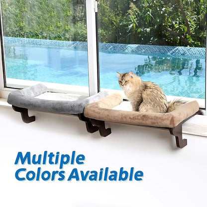 Zakkart Cat Perch for Window Sill with Bolster - Orthopedic Hammock Design with Premium Hardwood & Robust Metal Frame - Cat Window Seat for Large Cats and Kittens - Dark Stained Wood Brown Bed, 24''W