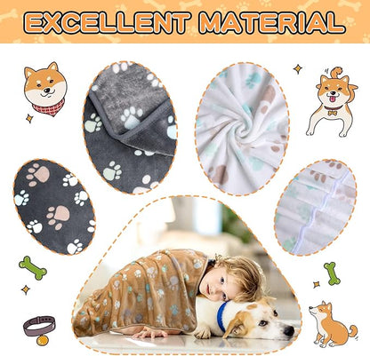 Rezutan Dog Blanket for Large Dogs, Upgraded 3 Pack Dog Cat Flannel Blankets Washable, Soft Pet Mat Throw Cover Suitable for Kennel Crate Bed, Cute Paw Pattern, Grey/Brown/White, 31" x 41"