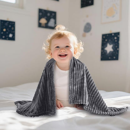 Soft Fleece Baby Blanket Ultra Cozy Grey Baby Blankets for Boys Warm and Lightweight Infant Toddler Newborn Receiving Gift with Reversible Stripes for Crib Stroller, 30x40 Inch, Dark Grey