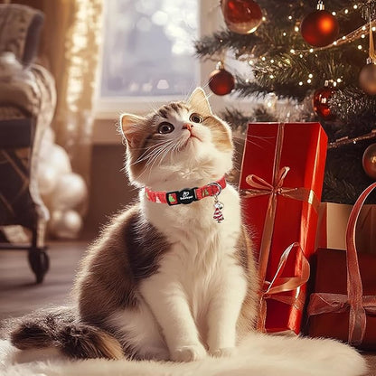 2 Pack Christmas Cat Collars - Breakaway Cat Collar with Bell, Christmas Wreath and Tree Pendant, Winter Adjustable Kitten Collars for Girl Boy Cats, Pink&Plaid