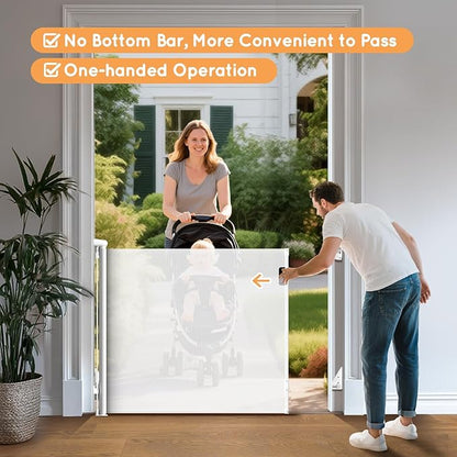 Retractable Baby Gate for Stairs, 71" Wide Mesh Pet Gate, Automatic Tension, One-Hand Operation, 38" Tall Baby Gates for Doorways, Hallways, Deck, Indoor Outdoor, Safe, Easy to Fit, White