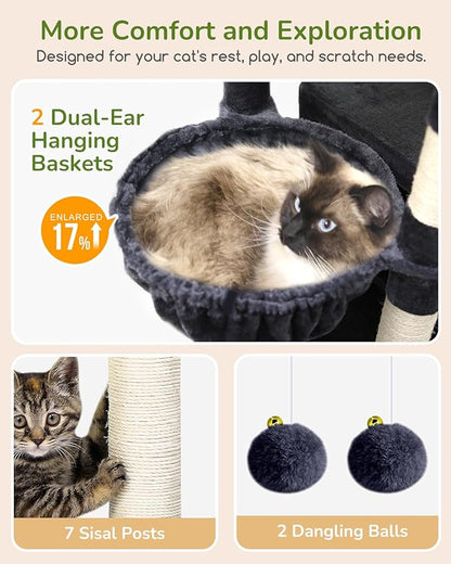 Globlazer Heavy Duty Cat Tree, 74in Sturdy Cat Tower for Large Cats Adult, Big Cat Tree with 7 Sisal Scratching Posts, 2 Padded Condos, 2 Dual-Ear Hanging Baskets, Enlarged Top Perch, S74, Dark Grey