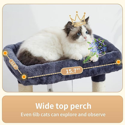 Heybly Cat Tree, Kitten Tower with Large Soft Cat Basket, Cat Condo with Spacious Cat Bed Cave with Hidden Space, Sisal-Covered Scratching Posts, Dangling Ball for Indoor Cats, Smoky Gray HCT008SG