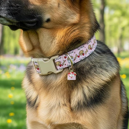 Pink Dog Collar, Girl Dog Collar with Cute Dogs and Hearts, Cute Spring Summer Food Collar with Soft & Breathable Fabric, Adjustable Pet Collar for Medium Dogs
