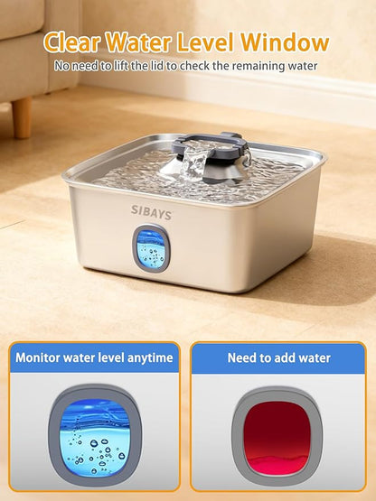 SIBAYS 4Gal/15L Large Dog Water Fountain, Stainless Steel Pet Fountain with Water Window & LED Light, Ultra Quiet Automatic Dog Water Bowl Dispenser for Large Dogs & Multi-pet, Easy to Clean FS76