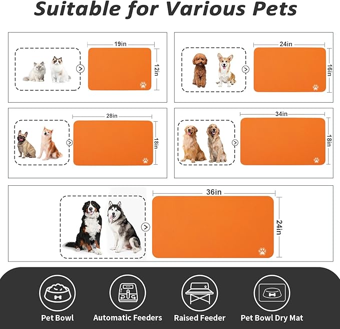 Dog Food Mat - Absorbent Cat Mat for Food and Water, No Stains Pet Feeding Bowl Mat, Easy to Clean Pet Placemats, Quick Dry Dog Water Dispenser Mat for Messy Drinkers | Paw Orange 24"x36"