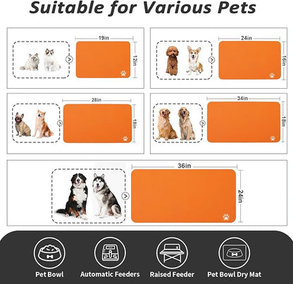 Dog Food Mat - Absorbent Cat Mat for Food and Water, No Stains Pet Feeding Bowl Mat, Easy to Clean Pet Placemats, Quick Dry Dog Water Dispenser Mat for Messy Drinkers | Paw Orange 24"x36"