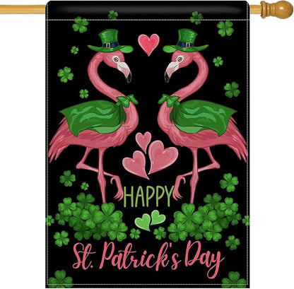 Dyrenson Happy St Patricks Day Flamingo 28 x 40 House Flag Double Sided, Lucky Shamrock Clover Black Garden Yard Decoration, Spring Irish Love Hearts Burlap Outdoor Decor Decorative Large Flag